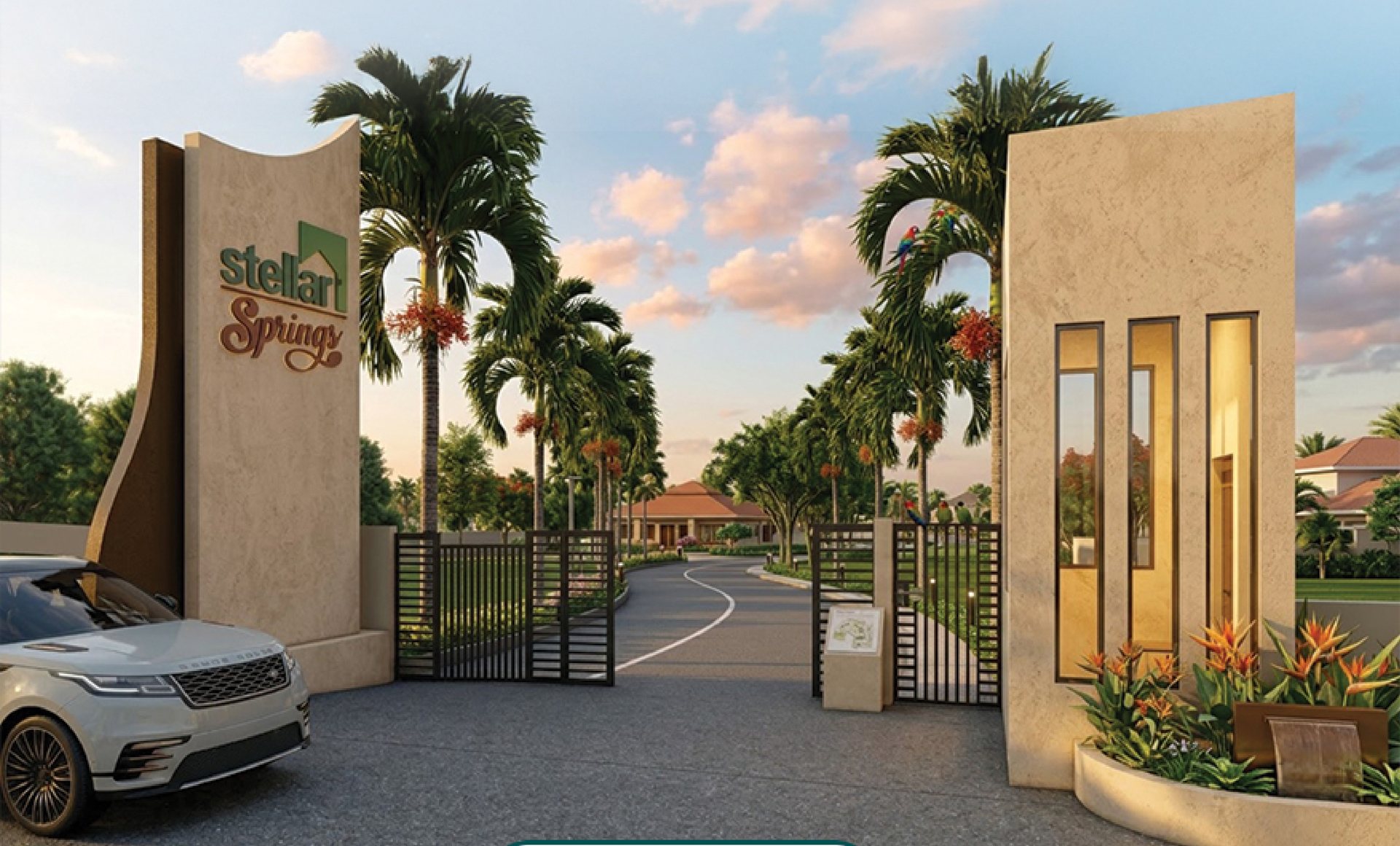 Entrance of a Stellar Projects planned residential community at dusk